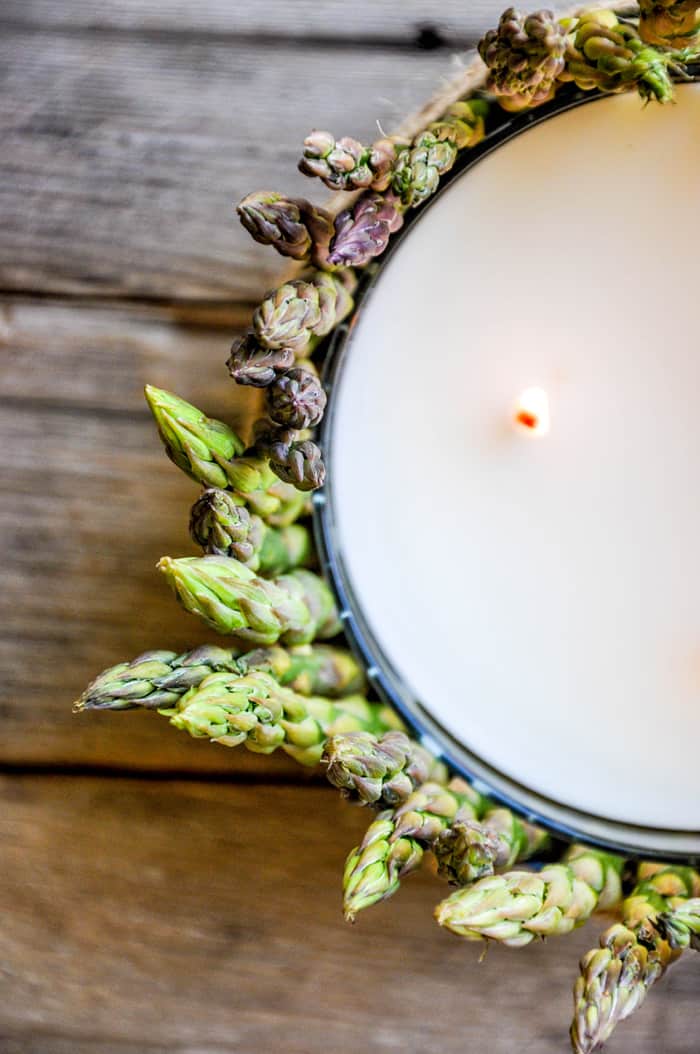 Asparagus Candles :: Add fresh asparagus around a cylinder shaped candle and instant springtime happiness