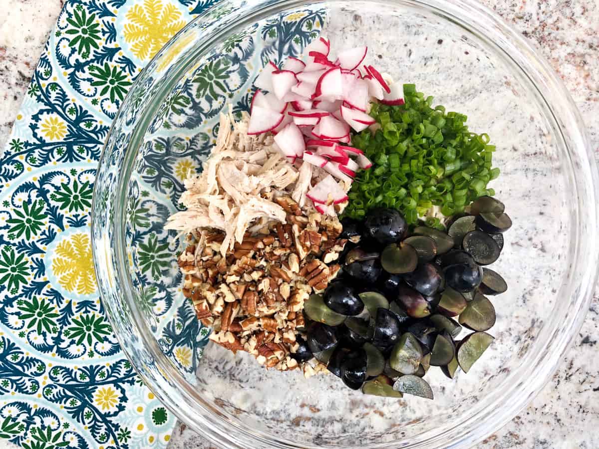 California Chicken Salad with Avocado Grapes, Pecans and Radish in an Avocado Mayo