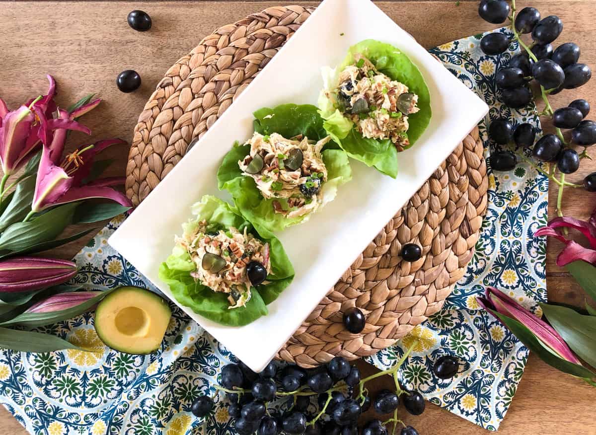 California Chicken Salad with Avocado Grapes, Pecans and Radish in an Avocado Mayo