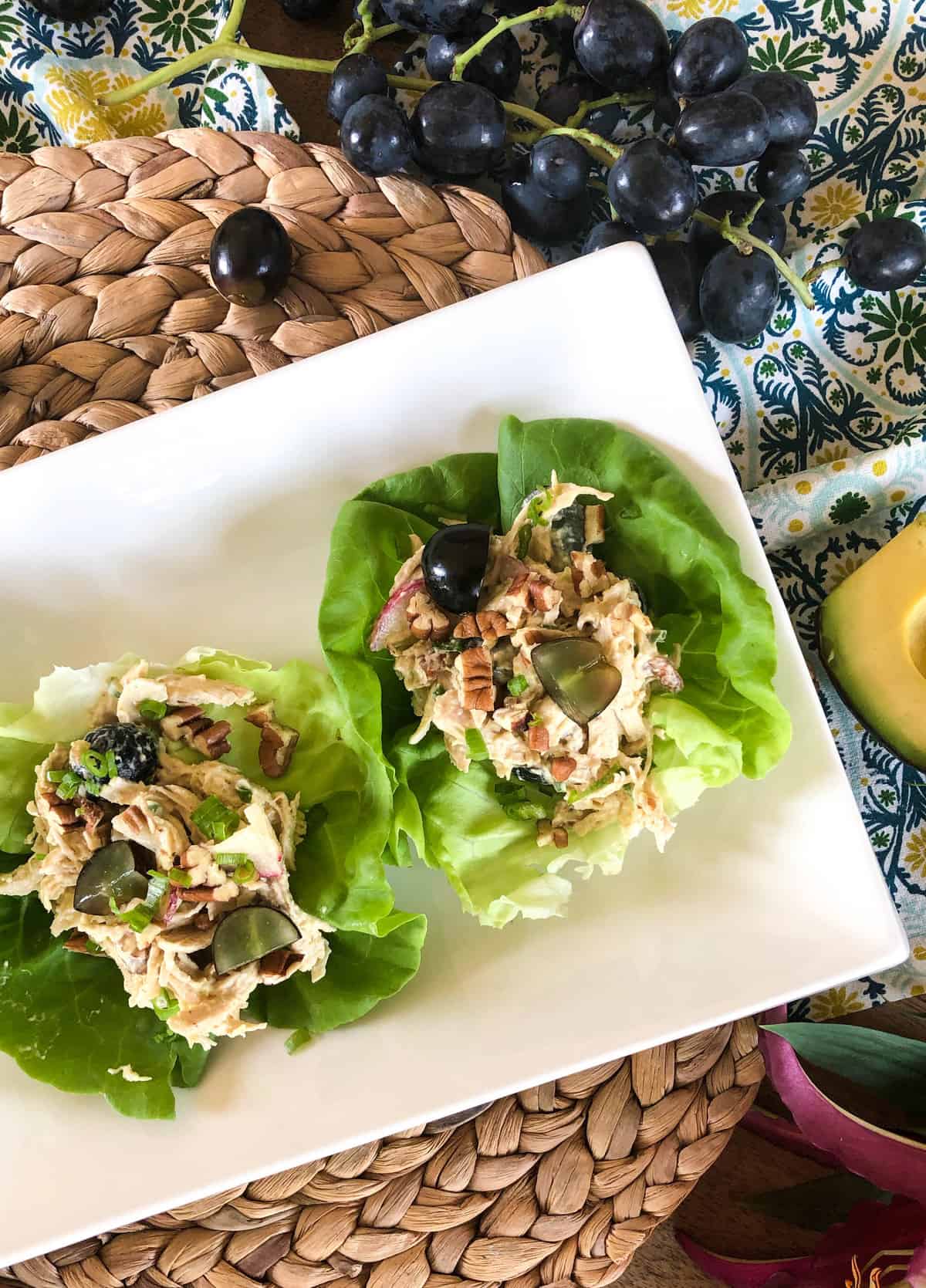 California Chicken Salad with Avocado Grapes, Pecans and Radish in an Avocado Mayo