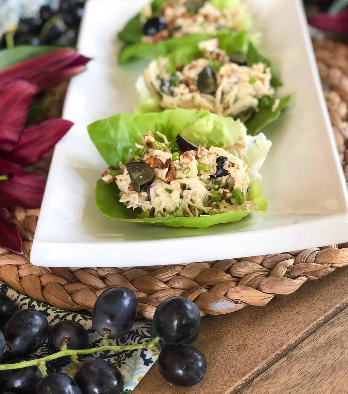 California Chicken Salad with Avocado Grapes, Pecans and Radish in an Avocado Mayo