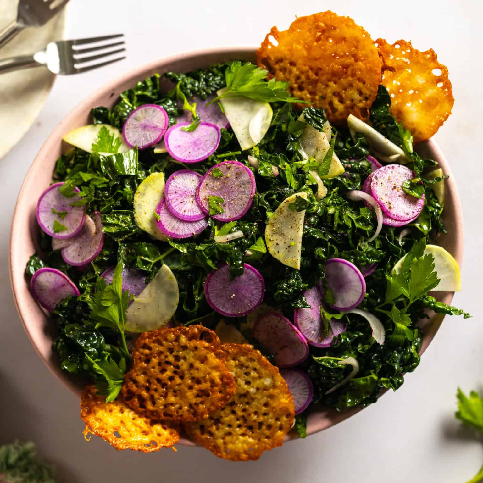 Kale Radish Kohlrabi Salad with Cheddar Frico inspired by an edible bouquet from Baking the Goods.
