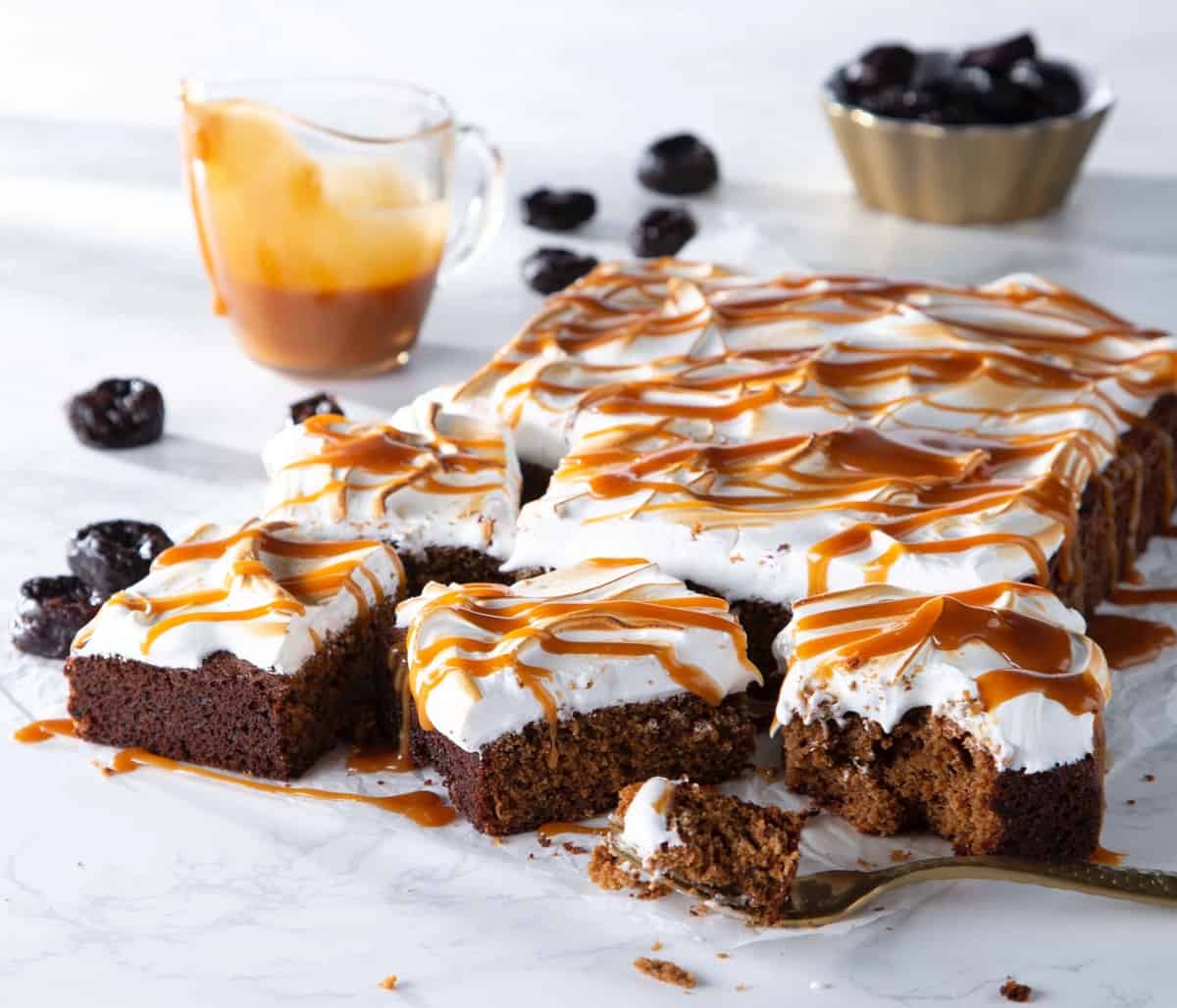 Sticky Toffee Pudding Prune Squares sliced to serve .