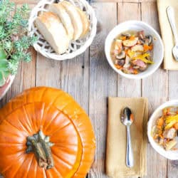 two bowls of simple stew and a pumpkin tureen