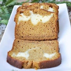 Pumpkin bread with cream cheese filling using homemade pumpkin puree.