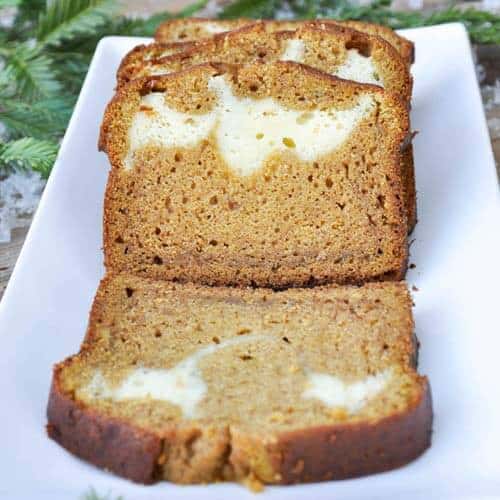 Pumpkin bread with cream cheese filling using homemade pumpkin puree. 