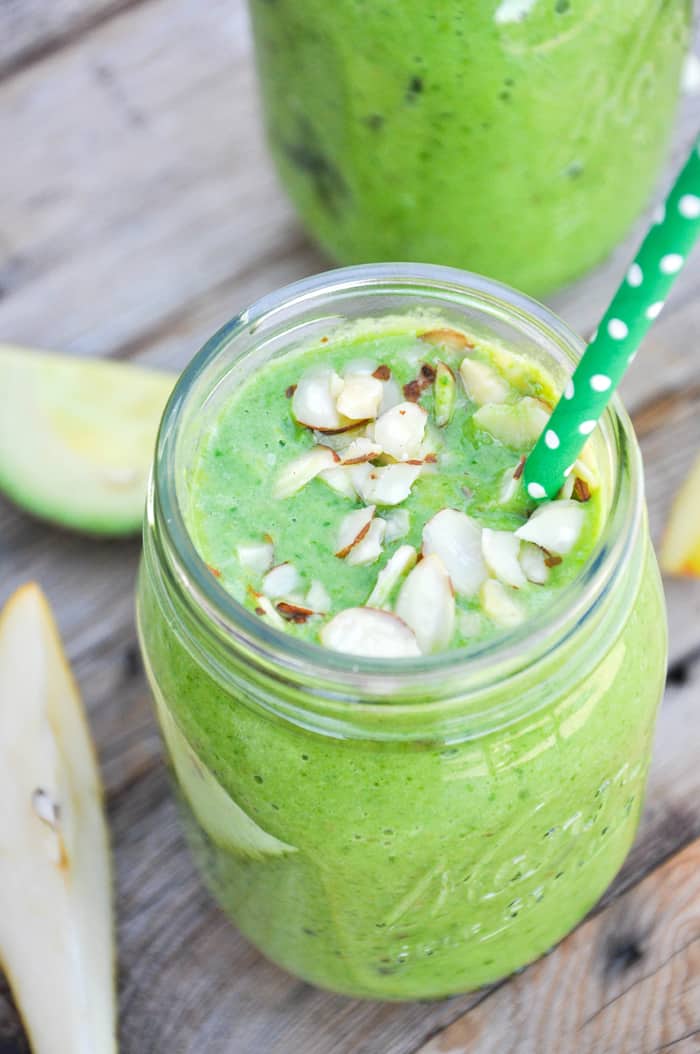 Close-up of California green smoothie with almond slices