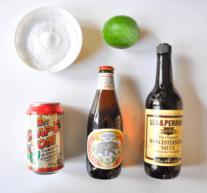 Ingredients: Salt, lime, tomato and Chile cocktail, beer, Worcestershire sauce 