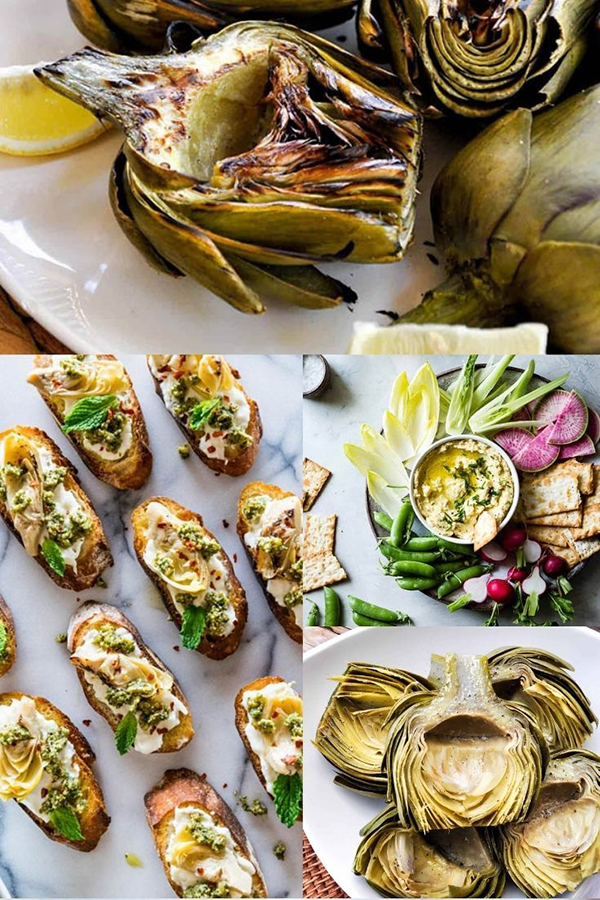 A collage of 4 different images featuring cooked artichokes.