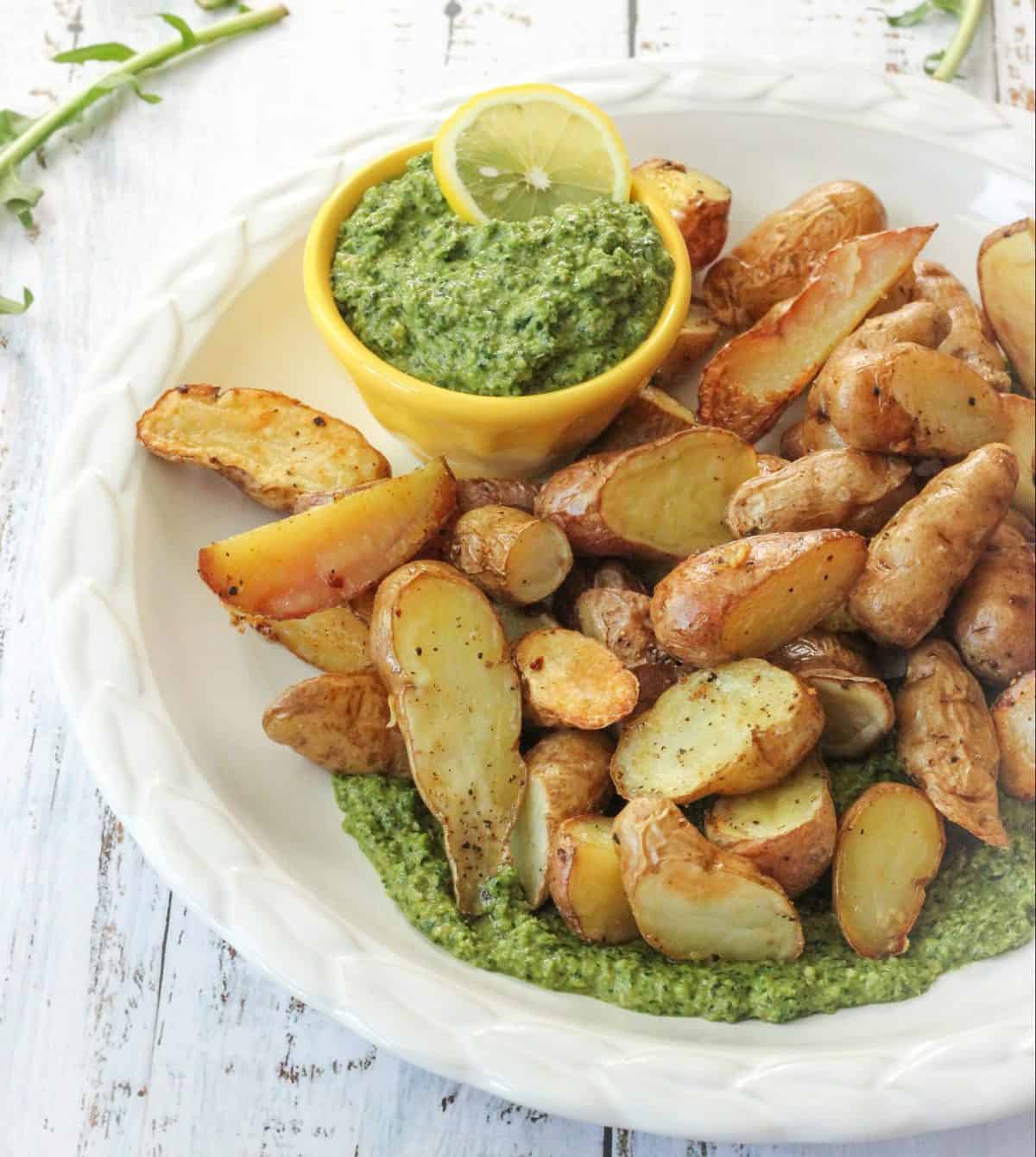 Roasted Potatoes with Dandelion Pesto green recipes for St. Patrick's Day