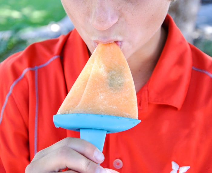 A Child Eating a Minty Cantaloupe Popsicle