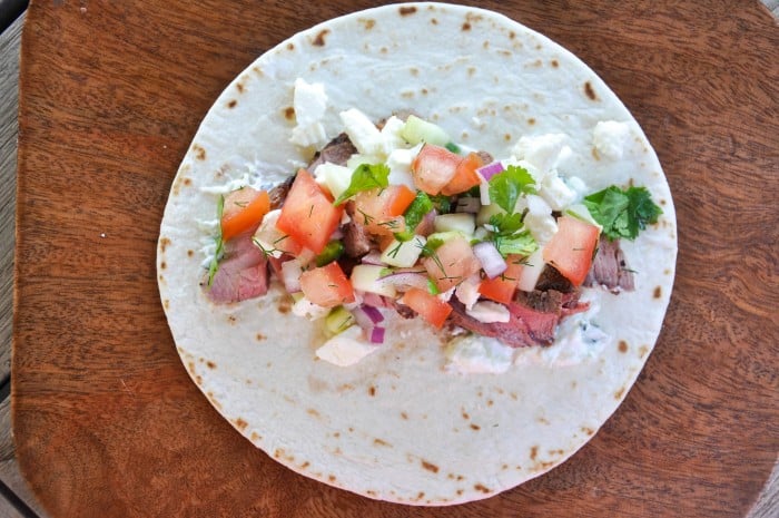 Taco topped with cucumber dill salsa