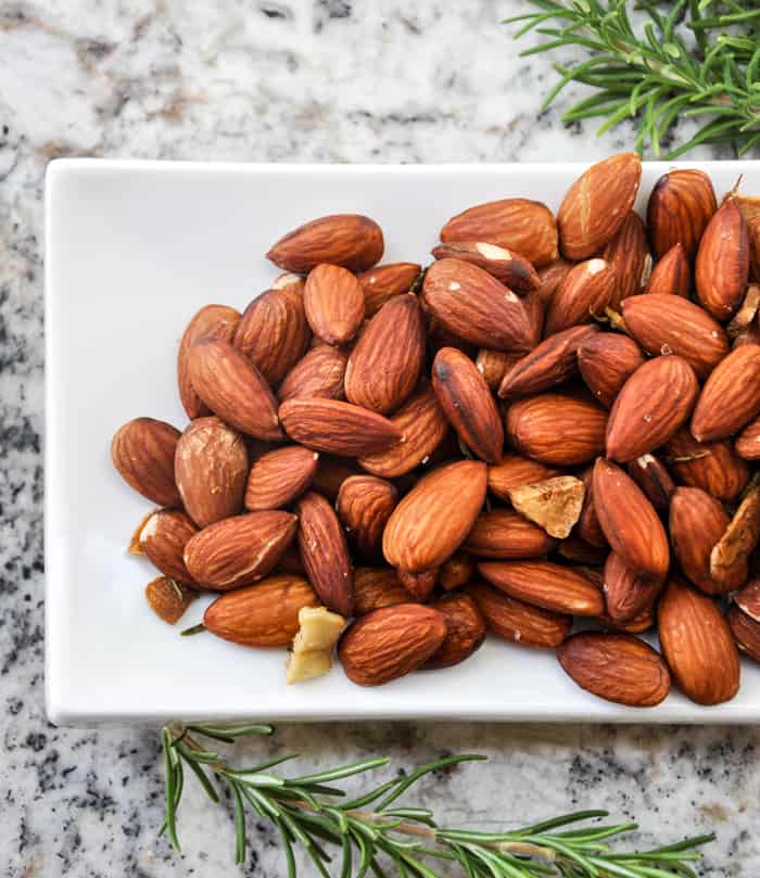 plate of Roasted Garlic and Rosemary Almonds