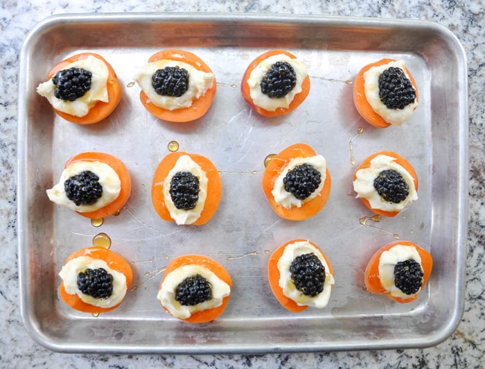 Final apricot blackberry jewel on baking sheet before being baked