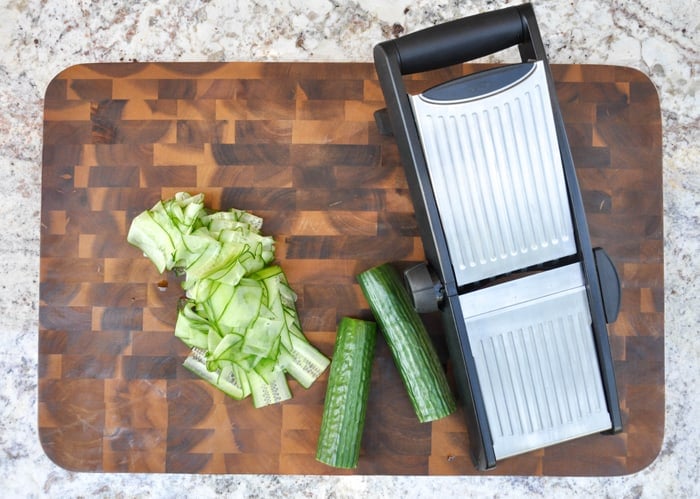 3 cucumbers, cucumber ribbons, and mandoline. 