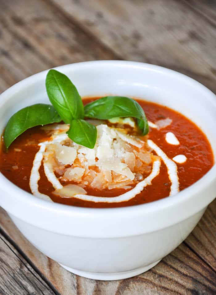 Roasted Tomato Basil Soup with Basil on top