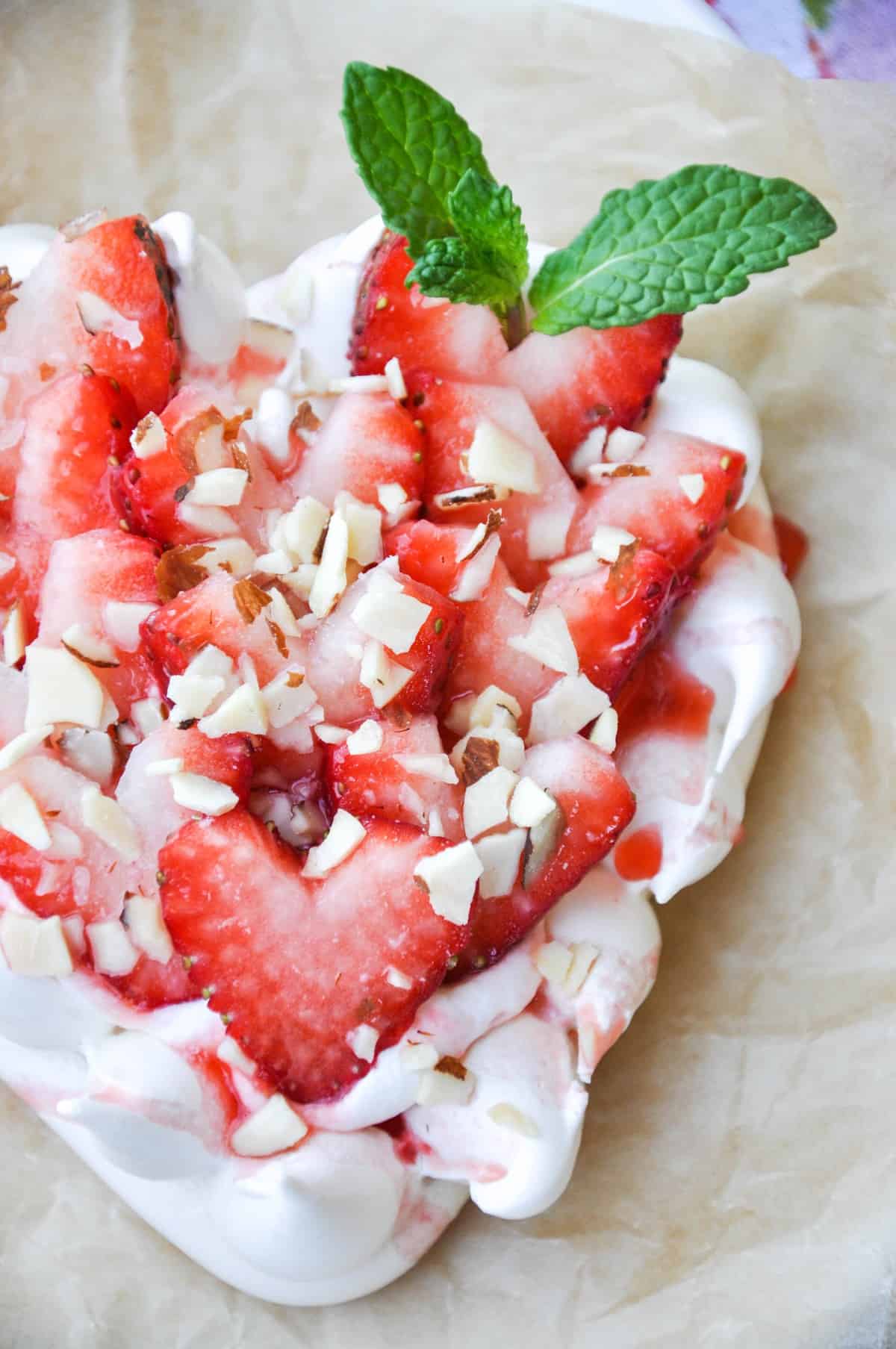 Mint atop the Strawberry Pavlova Hearts