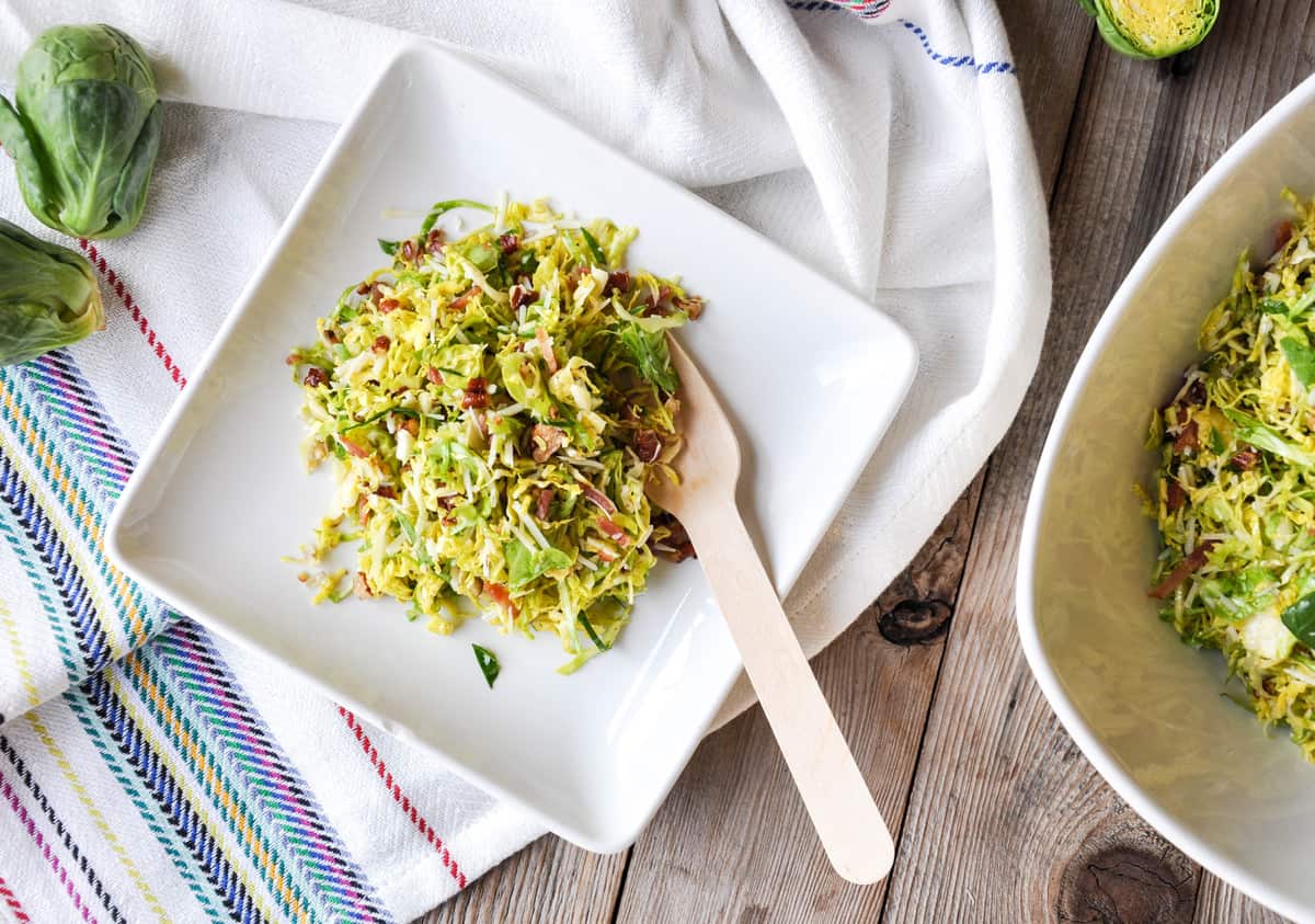 Birdseye view of Bacon Pecan Brussel Sprout Salad with Maple Orange Dressing