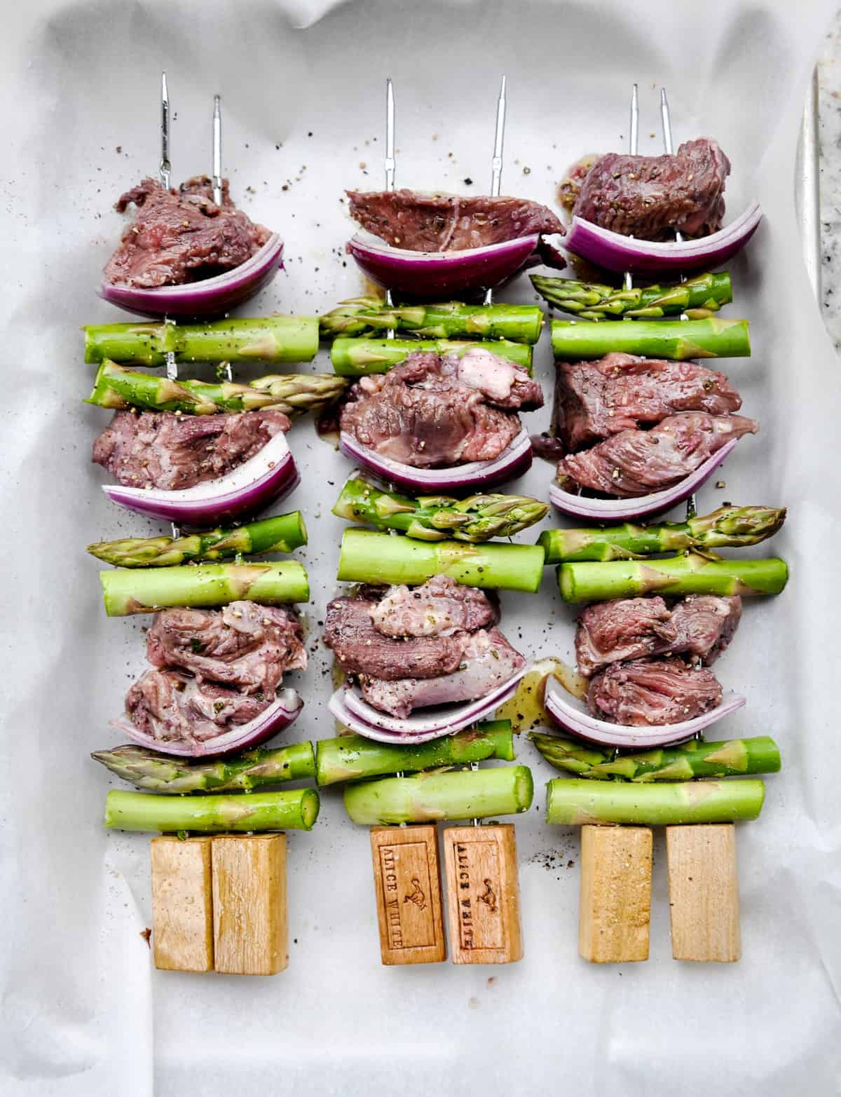 Lamb, Asparagus and Onion on skewers