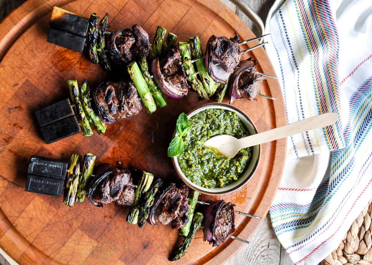 Asparagus & Lamb Kebabs with Pistachio Mint Pesto