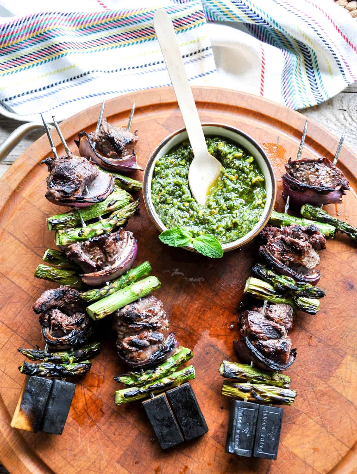 Lamb Asparagus Kebabs with Pistachio Mint Pesto