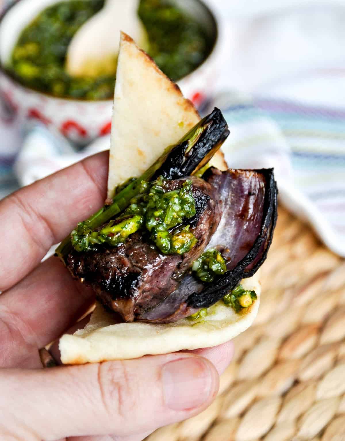 Lamb Asparagus Kebabs with Pistachio Mint Pesto with flat bread