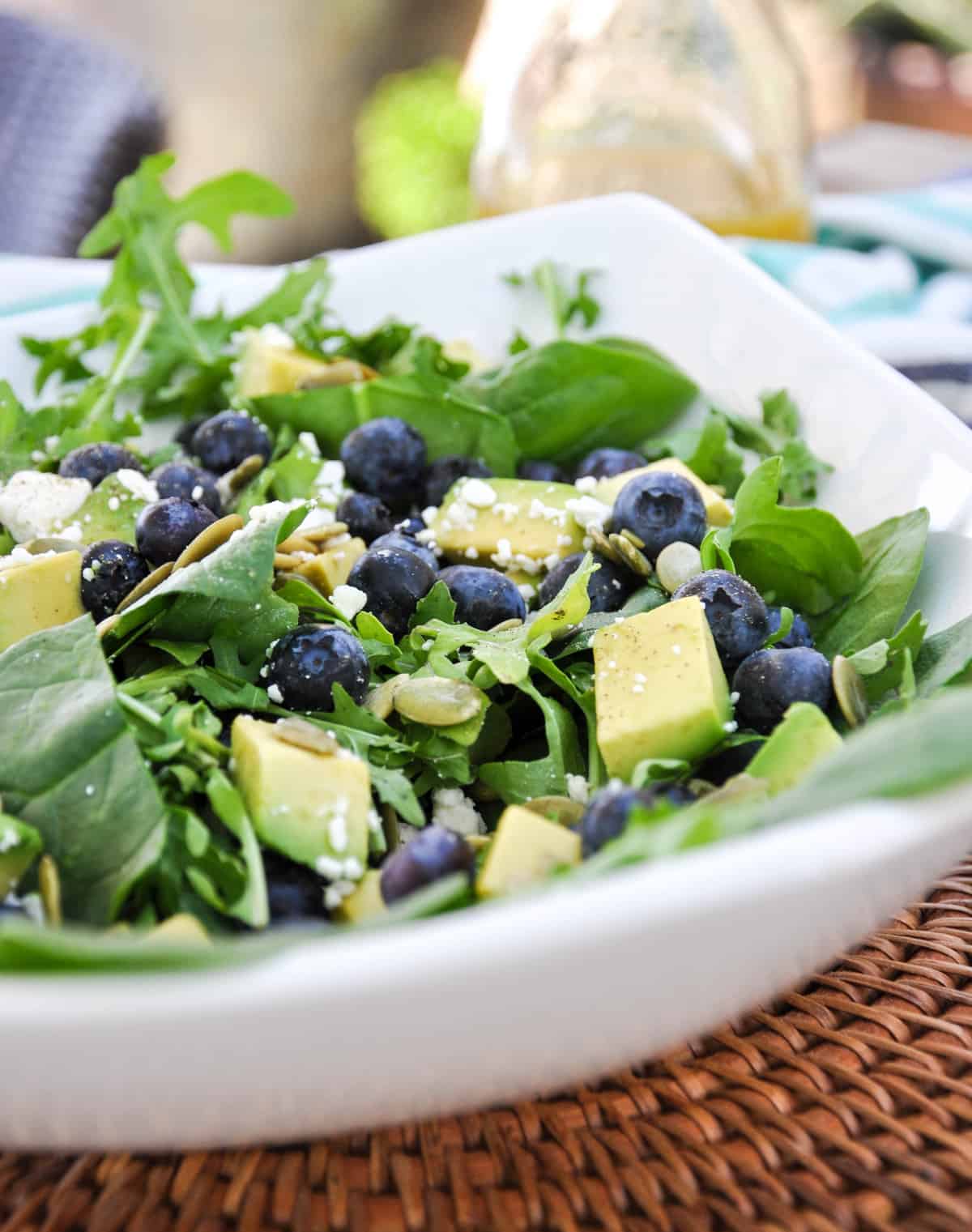 Blueberry Avocado Salad with feta, pumpkin seeds in a honey vinaigrette