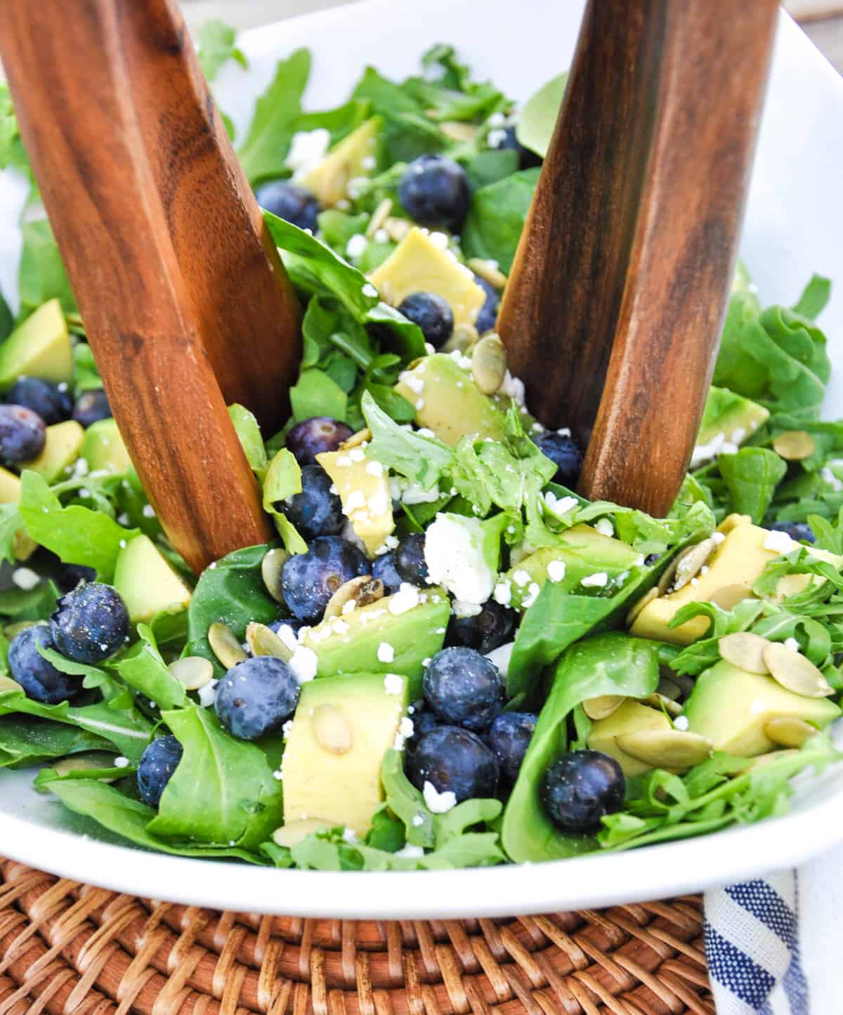 Blueberry Avocado Salad with feta, pumpkin seeds in a honey vinaigrette