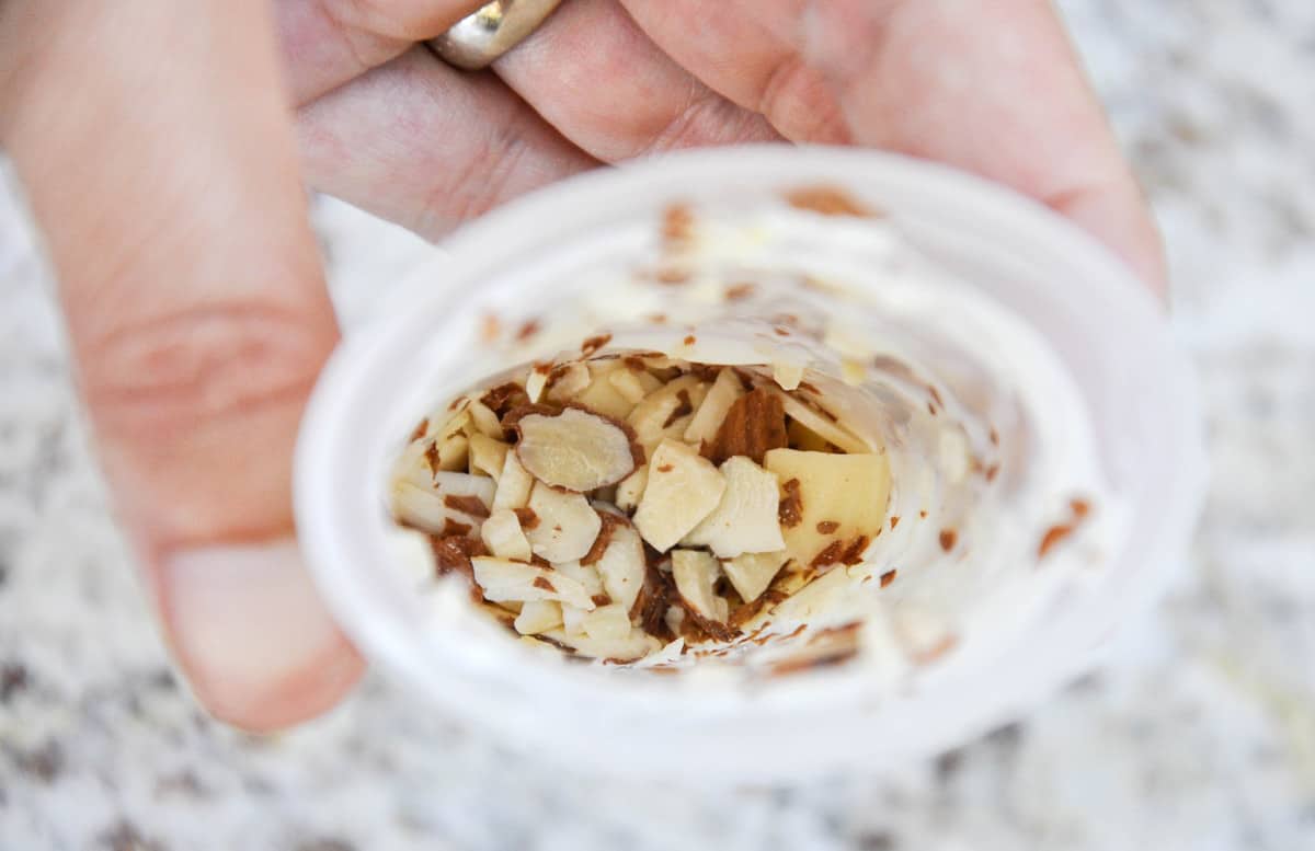 Almonds added to mold with Greek yogurt