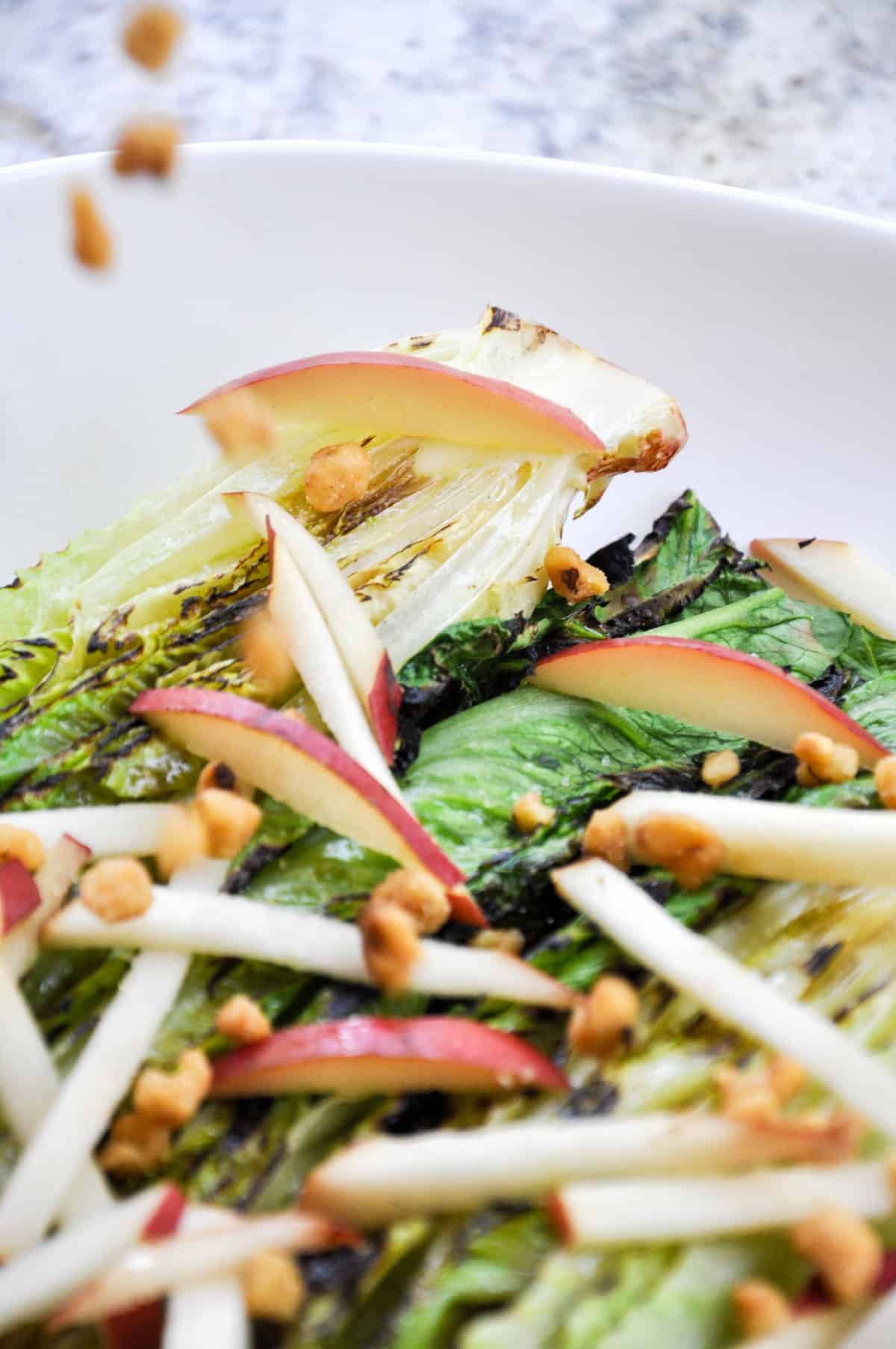Grilled Romaine with Crimson Pears and Candied Walnuts