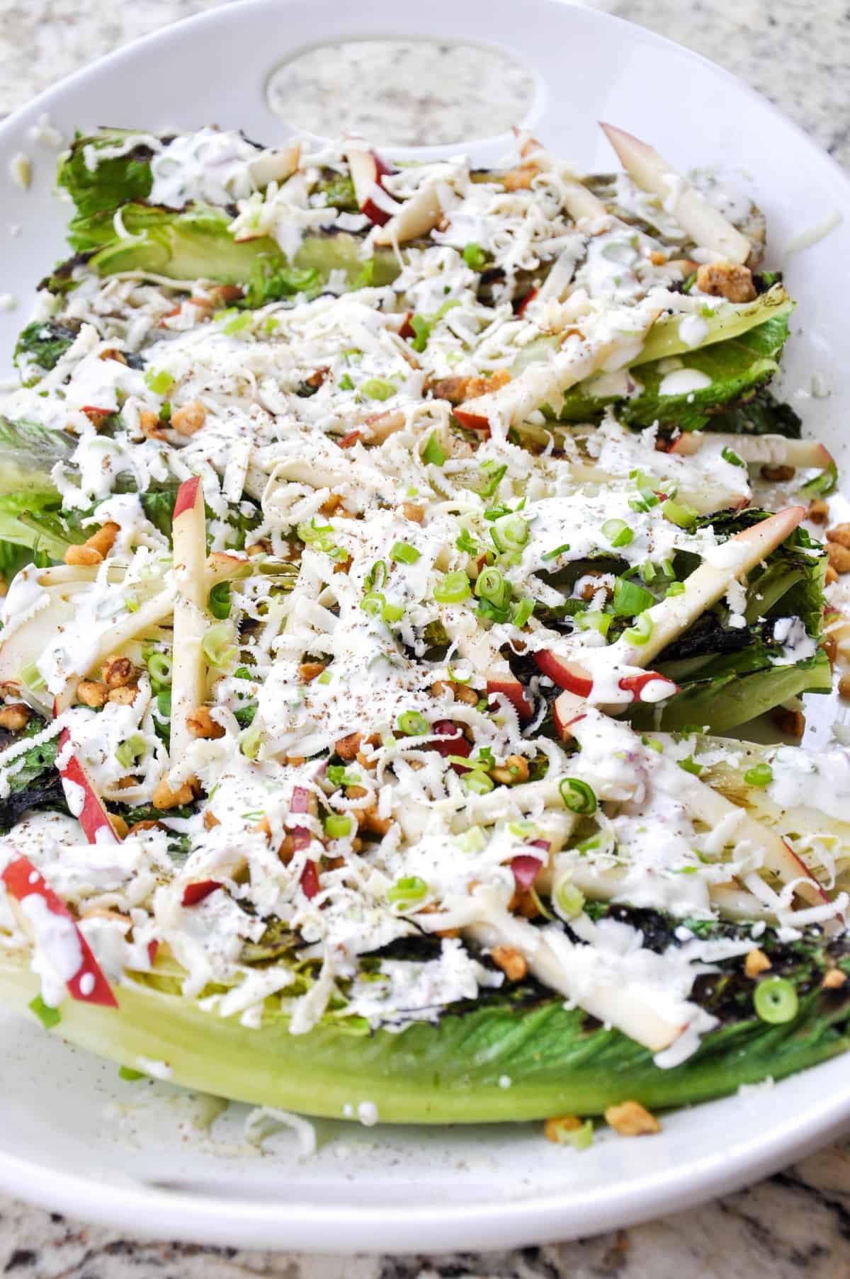 Grilled Romaine Salad with Crimson Pears and Candied Walnuts