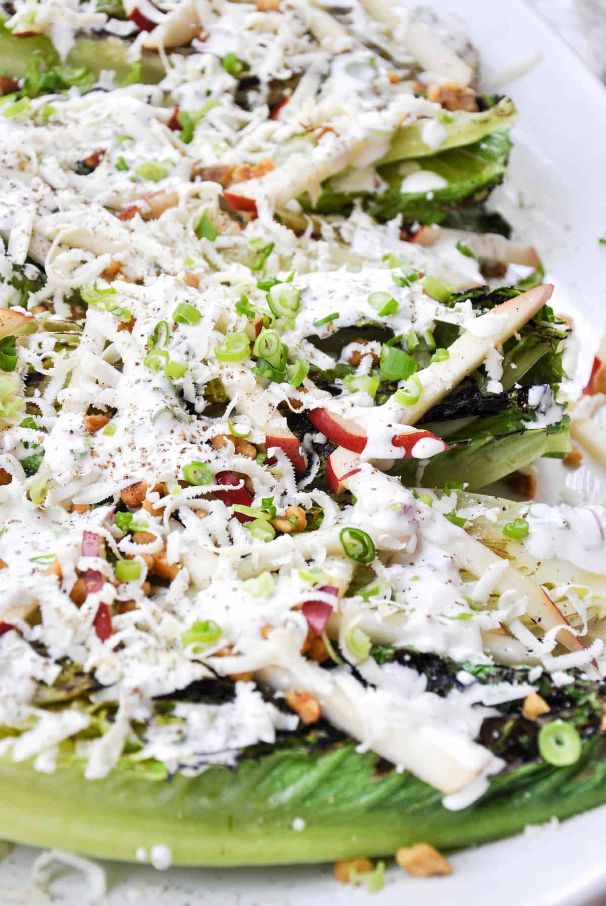 Grilled Romaine Salad with Crimson Pears and Candied Walnuts