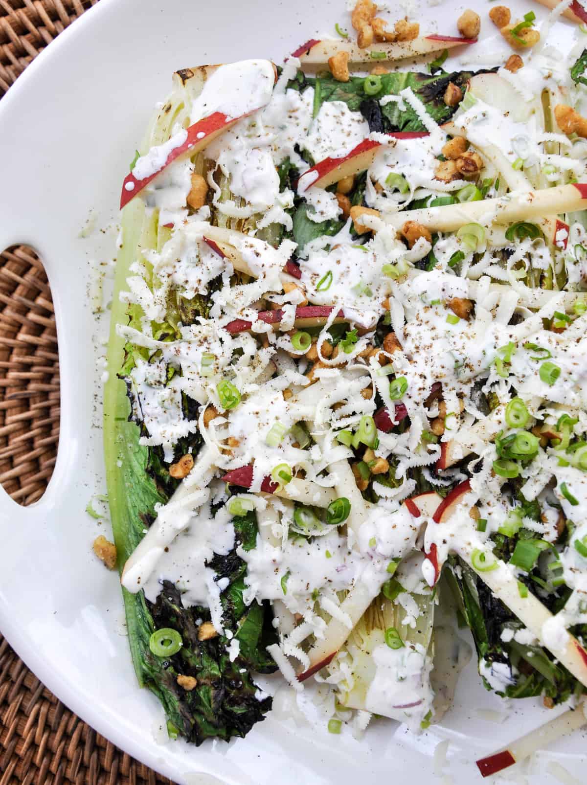 Grilled Romaine Salad with Crimson Pears and Candied Walnuts