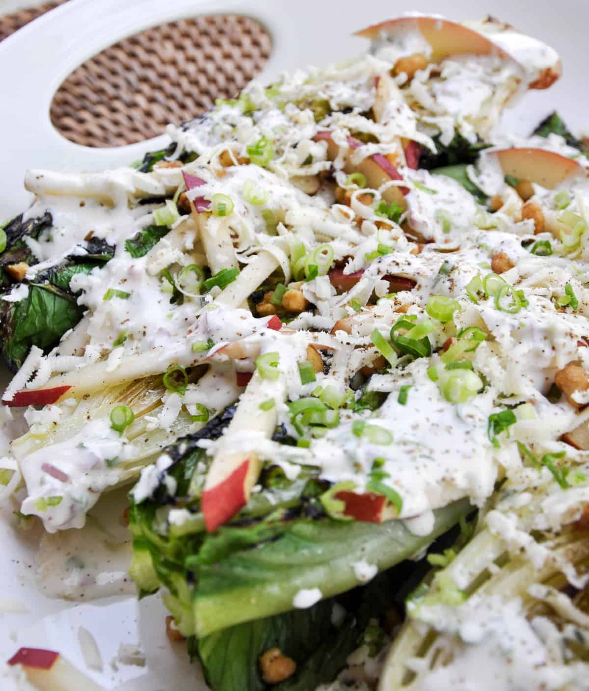 Grilled Romaine Salad with Crimson Pears and Candied Walnuts