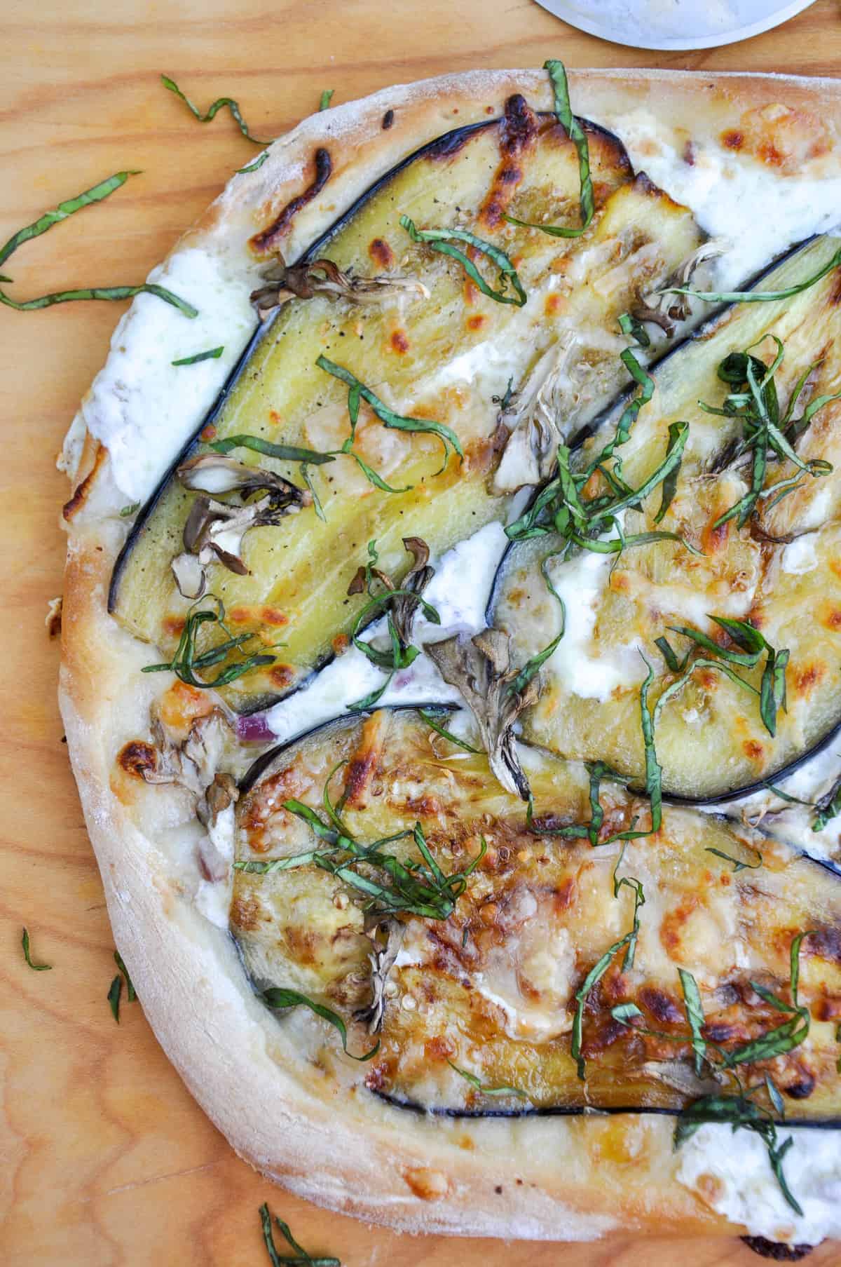 Eggplant Pizza sprinkled with sliced basil