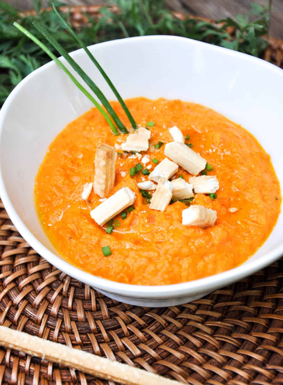 Roasted Carrot Soup with chives and bread crumbs