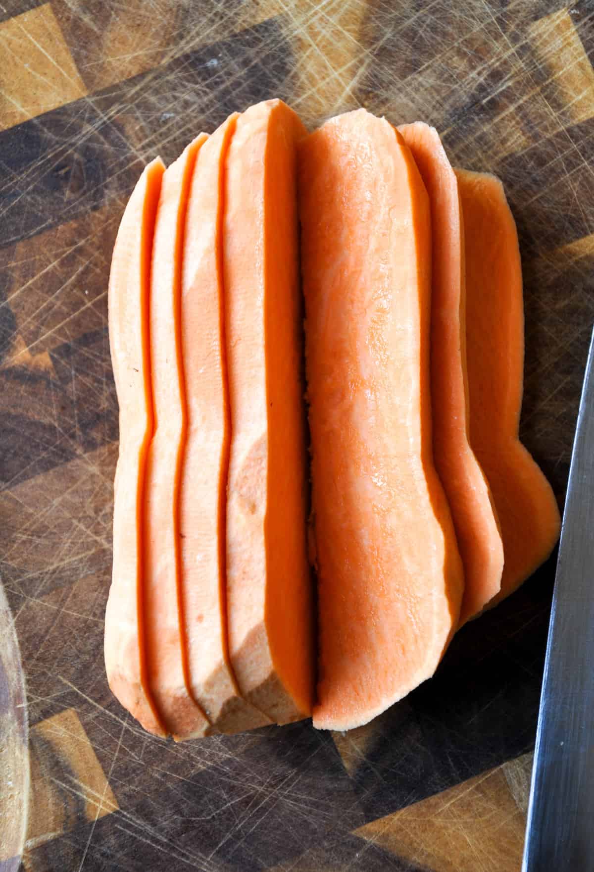 Peeled, halved, and sliced sweetpotatoes 