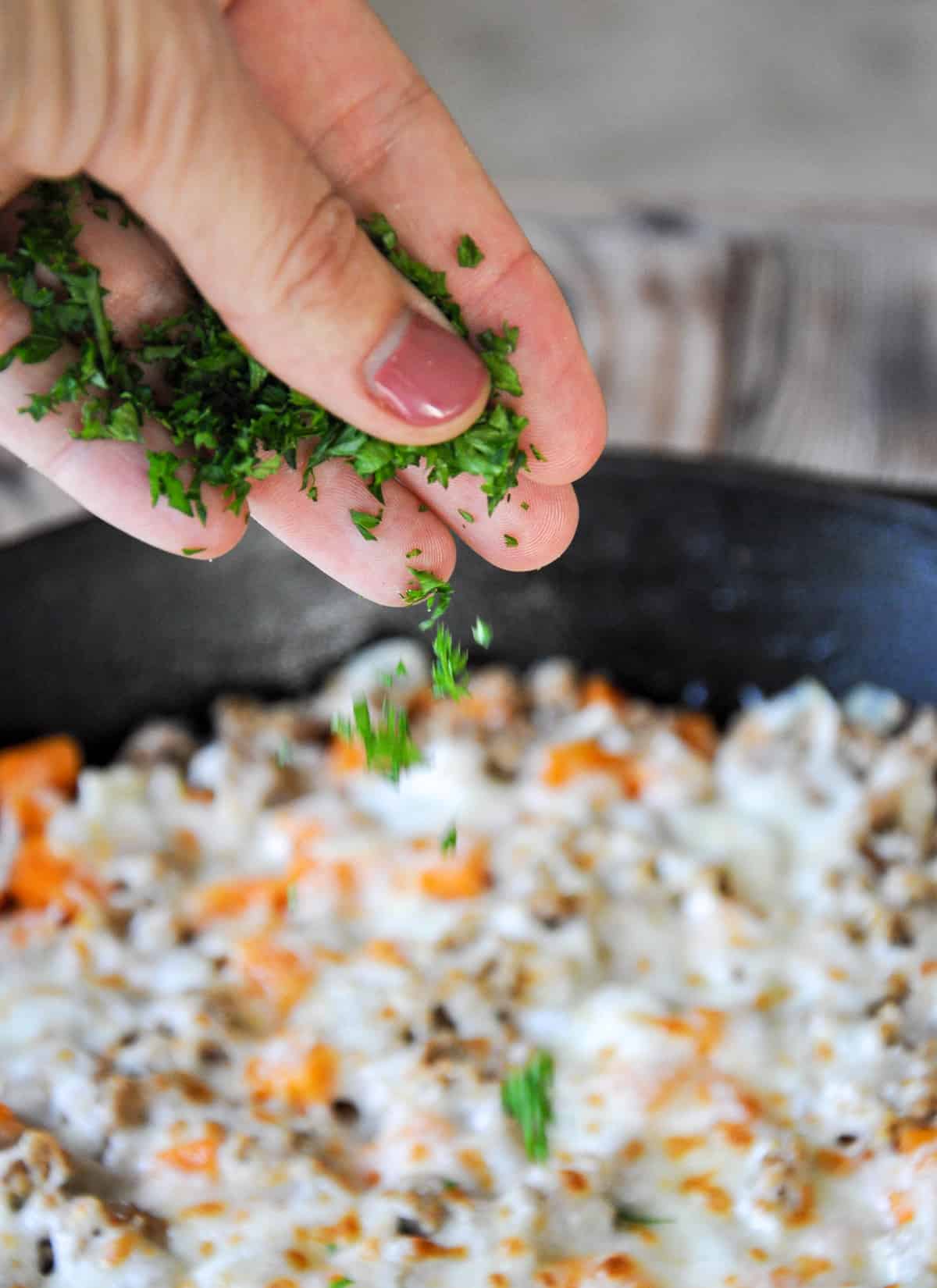 Parsley added to Ground Turkey Skillet Melt with Sweetpotatoes