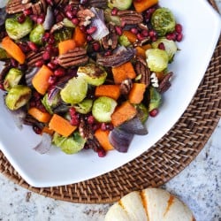 Roasted Brussels Sprouts and Butternut Squash with Pecans and Pomegranate