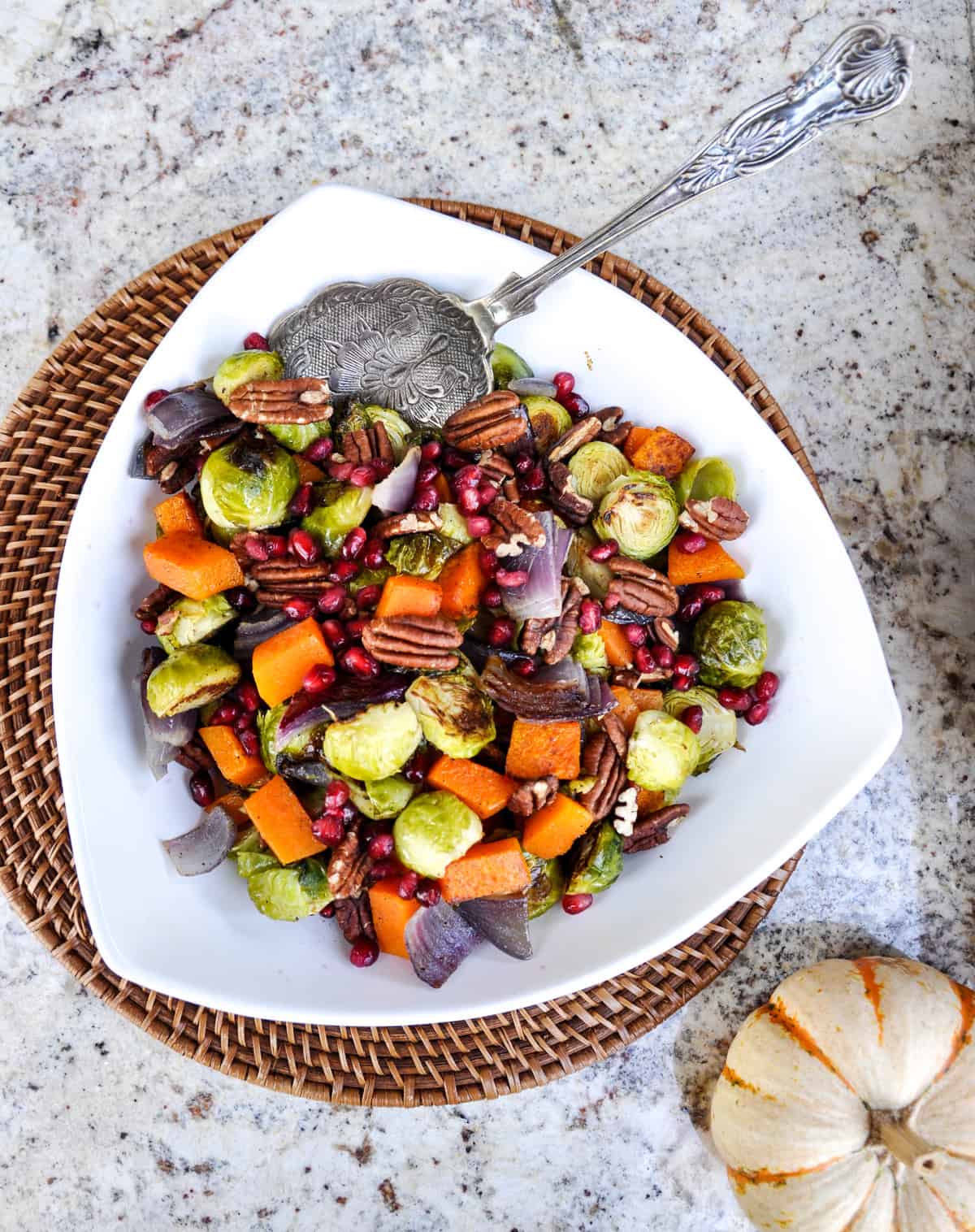 Roasted Brussels Sprouts and Butternut Squash Medley with Pecans and Pomegranate