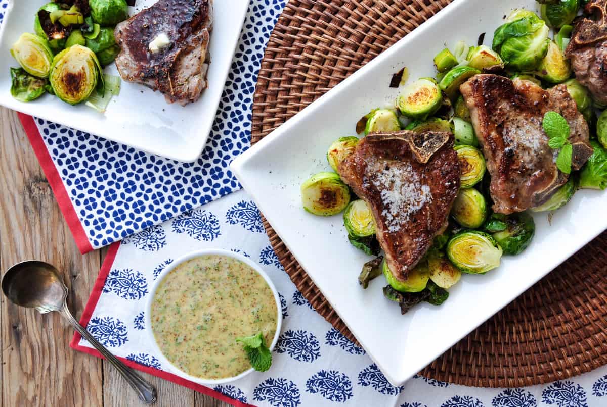 Lamb Loin Chops with Roasted Brussels Sprouts and a Mustard Mint Sauce 