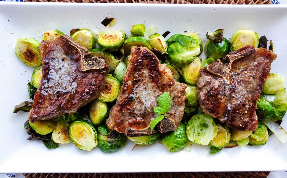 Lamb Loin Chops with Roasted Brussels Sprouts and a Mustard Mint Sauce 