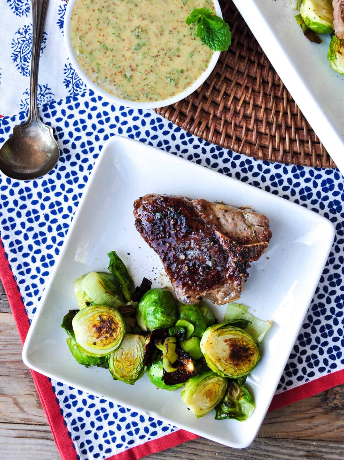 Lamb Loin Chops with Roasted Brussels Sprouts and a Mustard Mint Sauce 