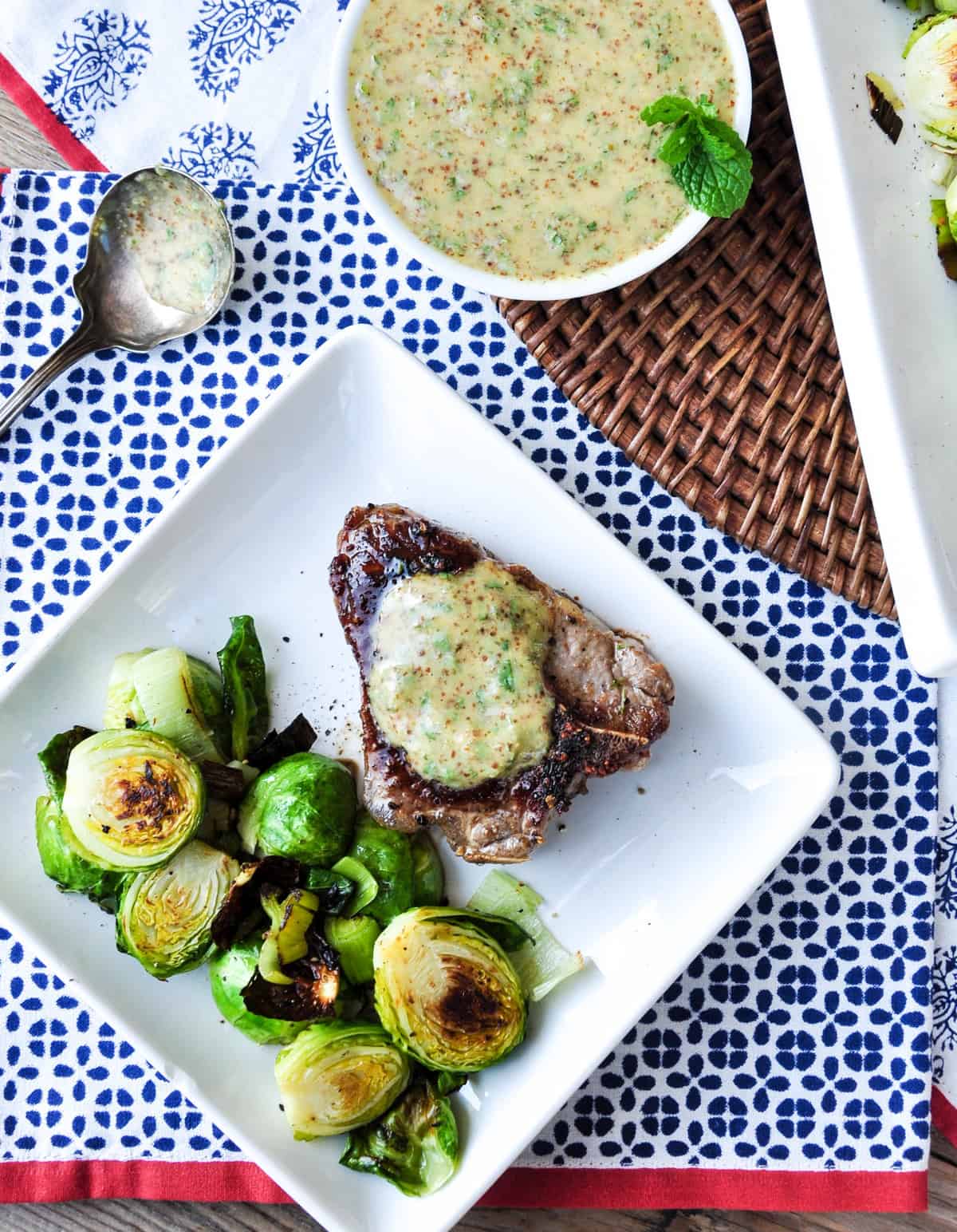 Lamb Loin Chops with Roasted Brussels Sprouts and a Mustard Mint Sauce 