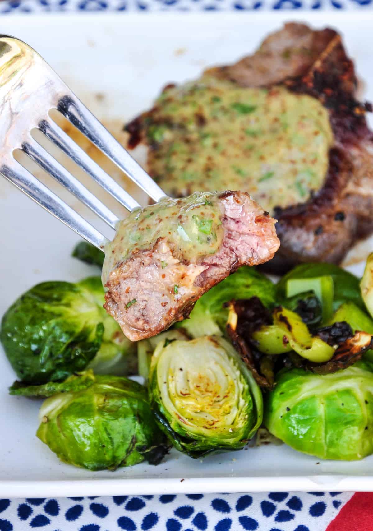 Lamb Loin Chops with Roasted Brussels Sprouts and a Mustard Mint Sauce 