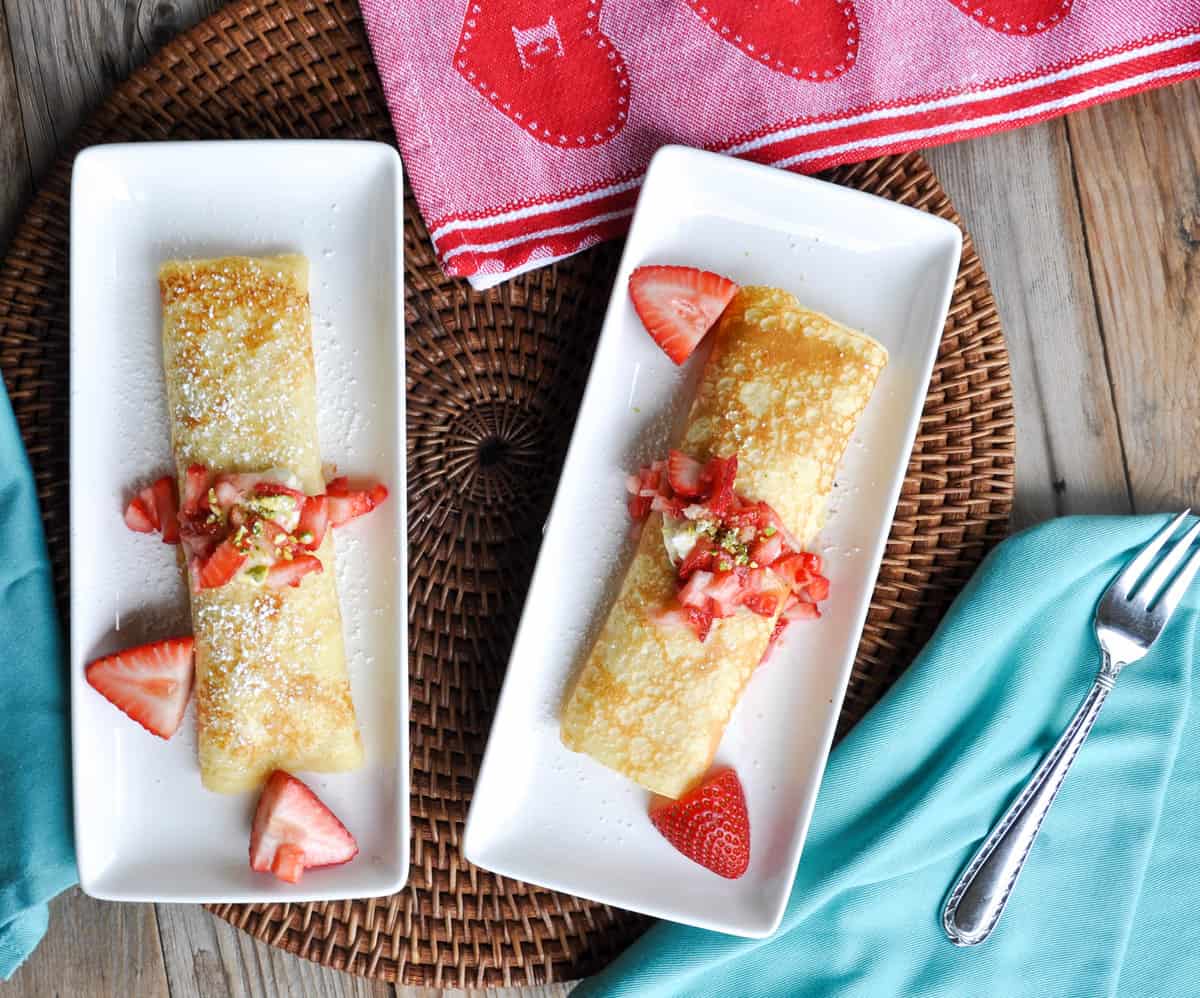 Lemon Crème Crepes with Strawberries and Pistachios 