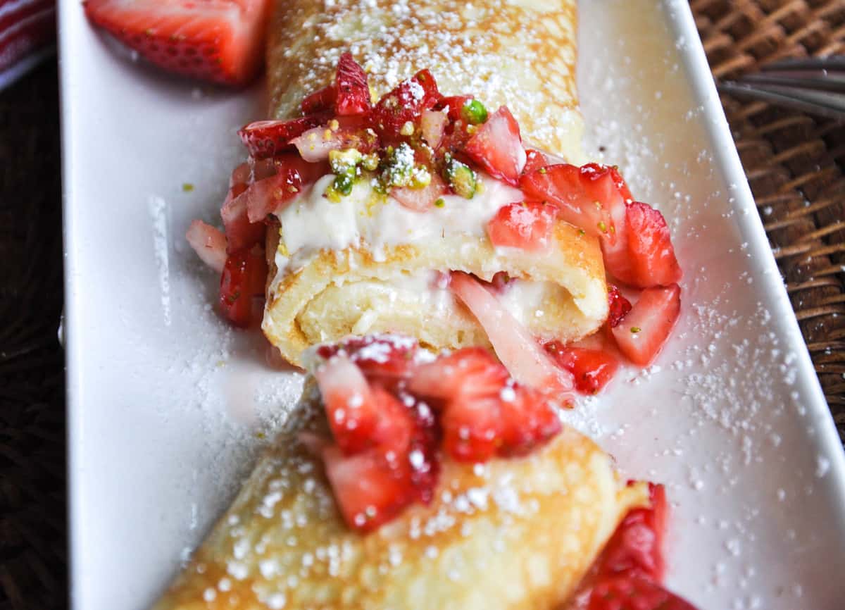 Lemon Crème Crepes with Strawberries and Pistachios 