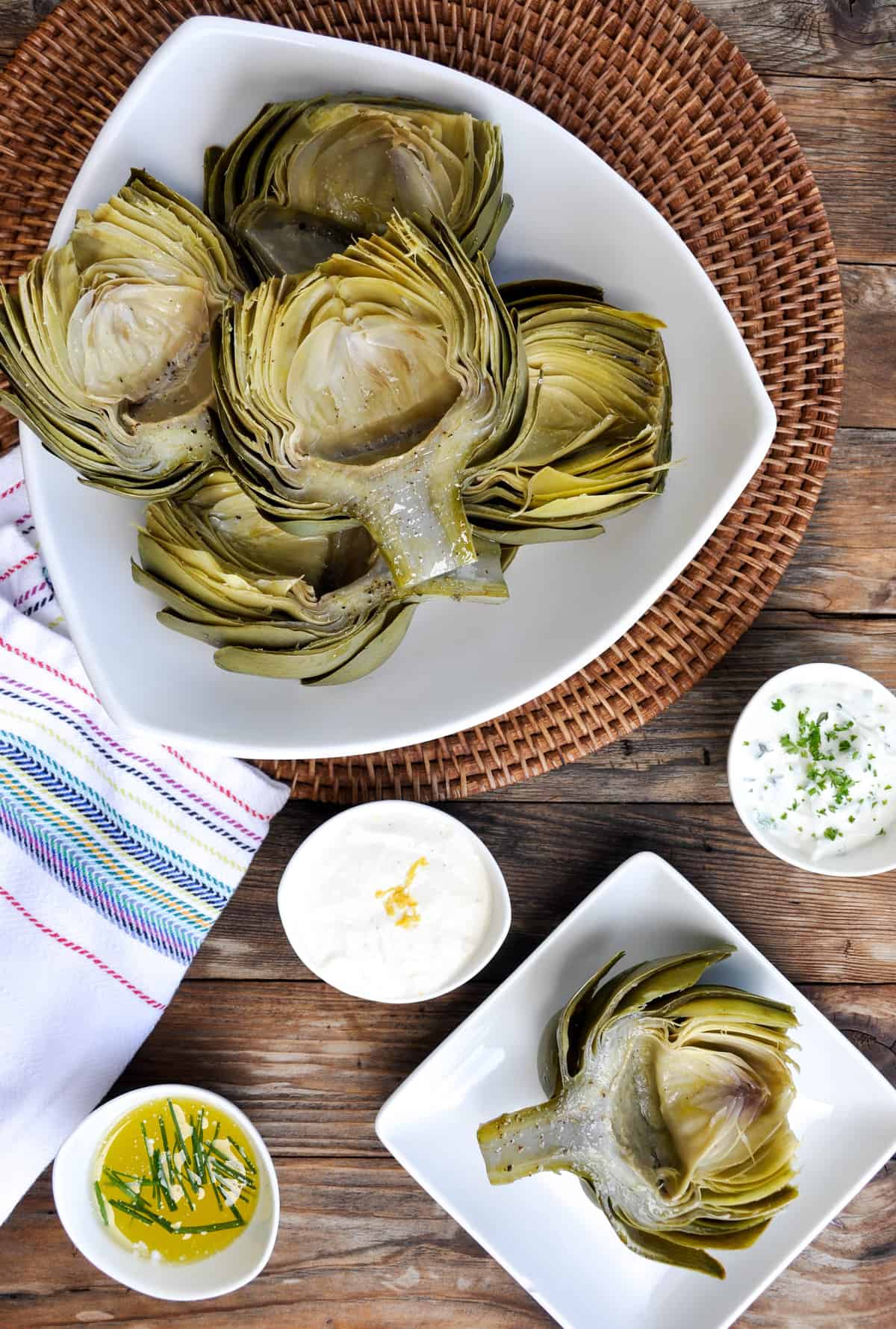 Fool-Proof Artichoke with Three Dipping Sauces