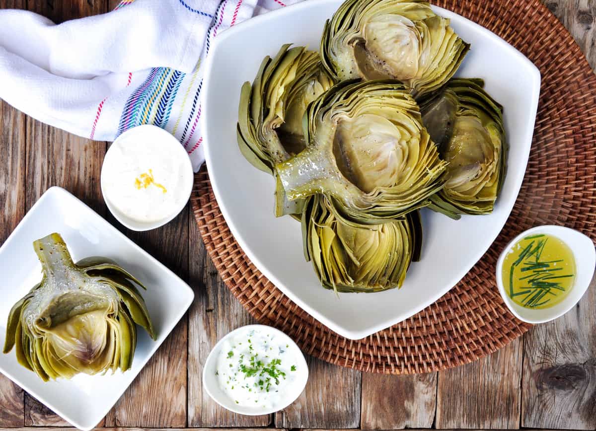 fool proof artichoke with three dipping sauces 