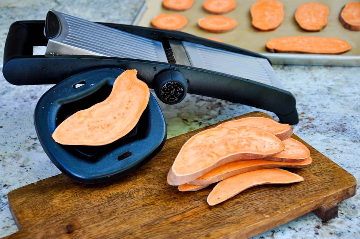 Use mandolin to slice sweetpotatoes